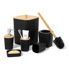 6-Piece Bamboo Wood Top Bathroom Accessory Set – Soap Dispenser, Toothbrush Holder, Tumbler, Soap Box, Toilet Brush Holder & Trash Bin, Black