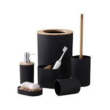 6-Piece Bamboo Wood Top Bathroom Accessory Set – Soap Dispenser, Toothbrush Holder, Tumbler, Soap Box, Toilet Brush Holder & Trash Bin, Black