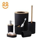 6-Piece Bamboo Wood Top Bathroom Accessory Set – Soap Dispenser, Toothbrush Holder, Tumbler, Soap Box, Toilet Brush Holder & Trash Bin, Black
