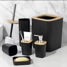 6-Piece Bamboo Wood Top Bathroom Accessory Set – Soap Dispenser, Toothbrush Holder, Tumbler, Soap Box, Toilet Brush Holder & Trash Bin, Black