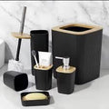 6-Piece Bamboo Wood Top Bathroom Accessory Set – Soap Dispenser, Toothbrush Holder, Tumbler, Soap Box, Toilet Brush Holder & Trash Bin, Black