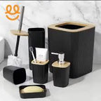 6-Piece Bamboo Wood Top Bathroom Accessory Set – Soap Dispenser, Toothbrush Holder, Tumbler, Soap Box, Toilet Brush Holder & Trash Bin, Black