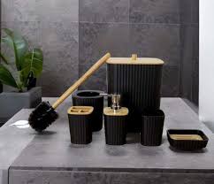 6-Piece Bamboo Wood Top Bathroom Accessory Set – Soap Dispenser, Toothbrush Holder, Tumbler, Soap Box, Toilet Brush Holder & Trash Bin, Black