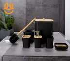 6-Piece Bamboo Wood Top Bathroom Accessory Set – Soap Dispenser, Toothbrush Holder, Tumbler, Soap Box, Toilet Brush Holder & Trash Bin, Black
