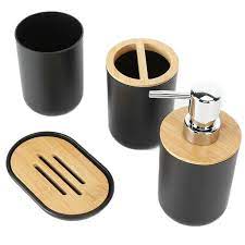 1pc Lotion Dispenser/4pcs Black Bathroom Accessories Set,Plastic Toothbrush Holder with Bamboo Cover,Toothbrush Cup, Soap Dish