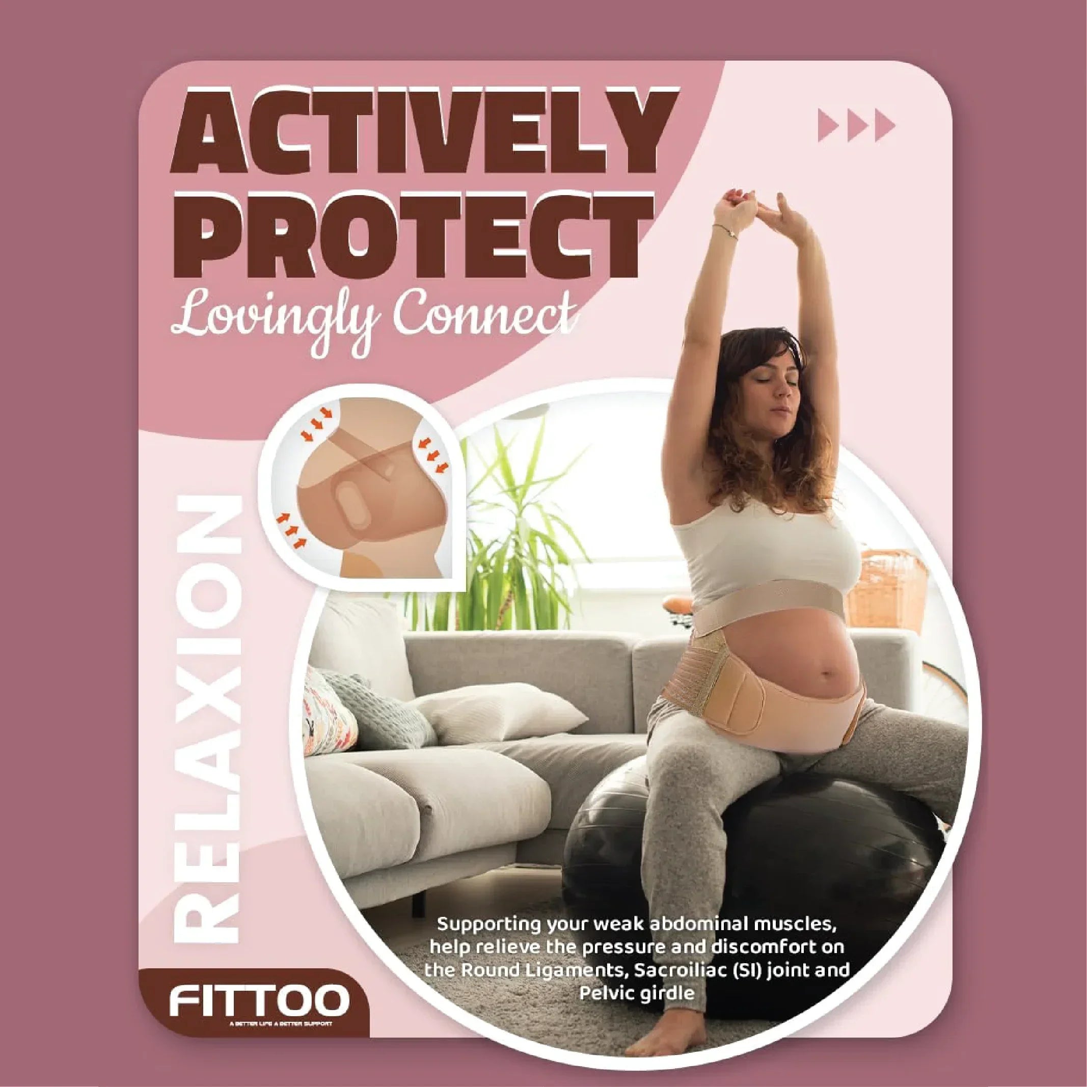 Pregnant woman wearing beige maternity support belt for pelvic and abdominal relief sitting on exercise ball