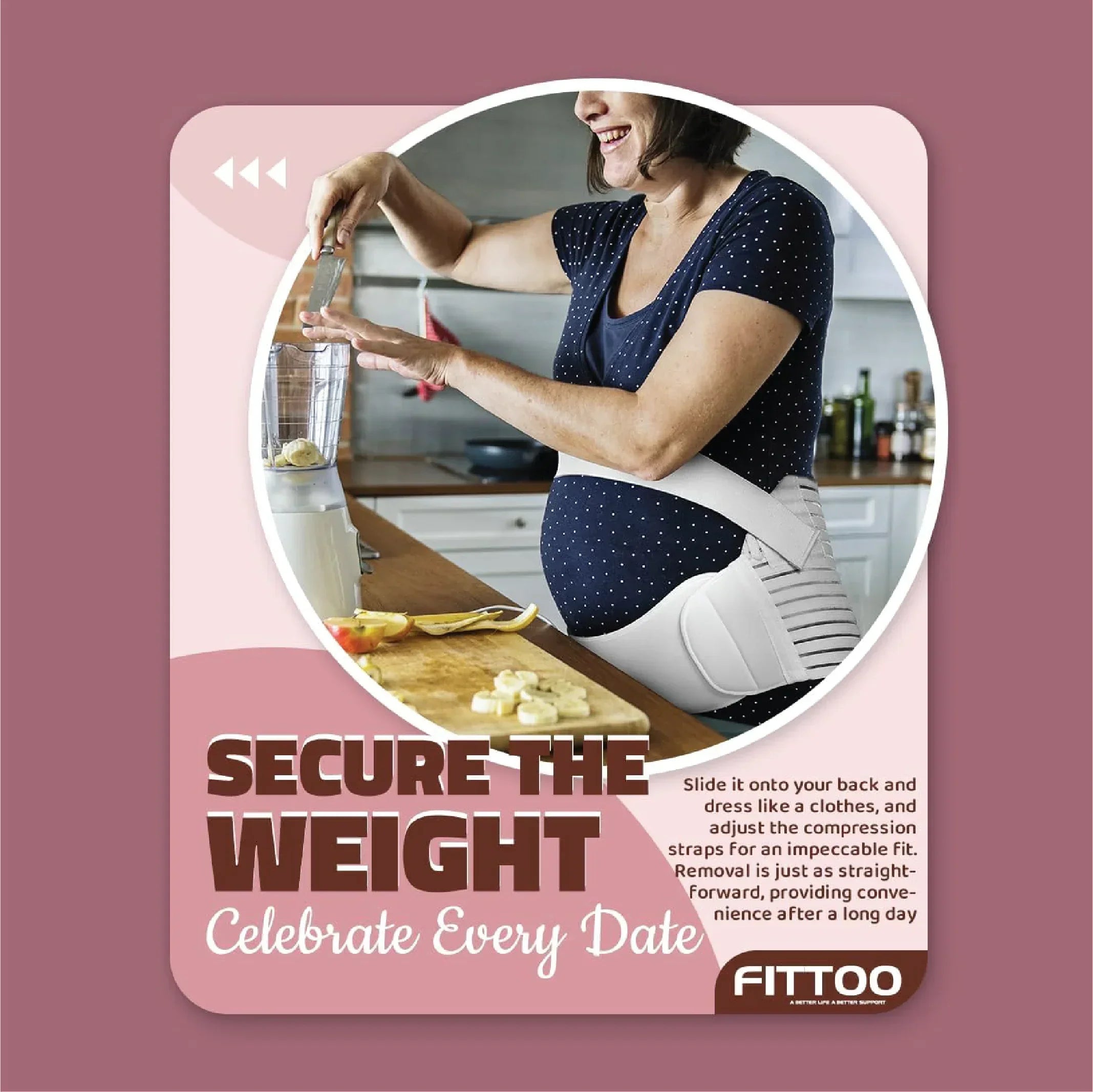 Pregnant woman wearing maternity support belt while preparing food in kitchen