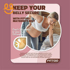 Pregnant woman in sportswear holding her back, promoting Fitt00 maternity belt for back pain relief