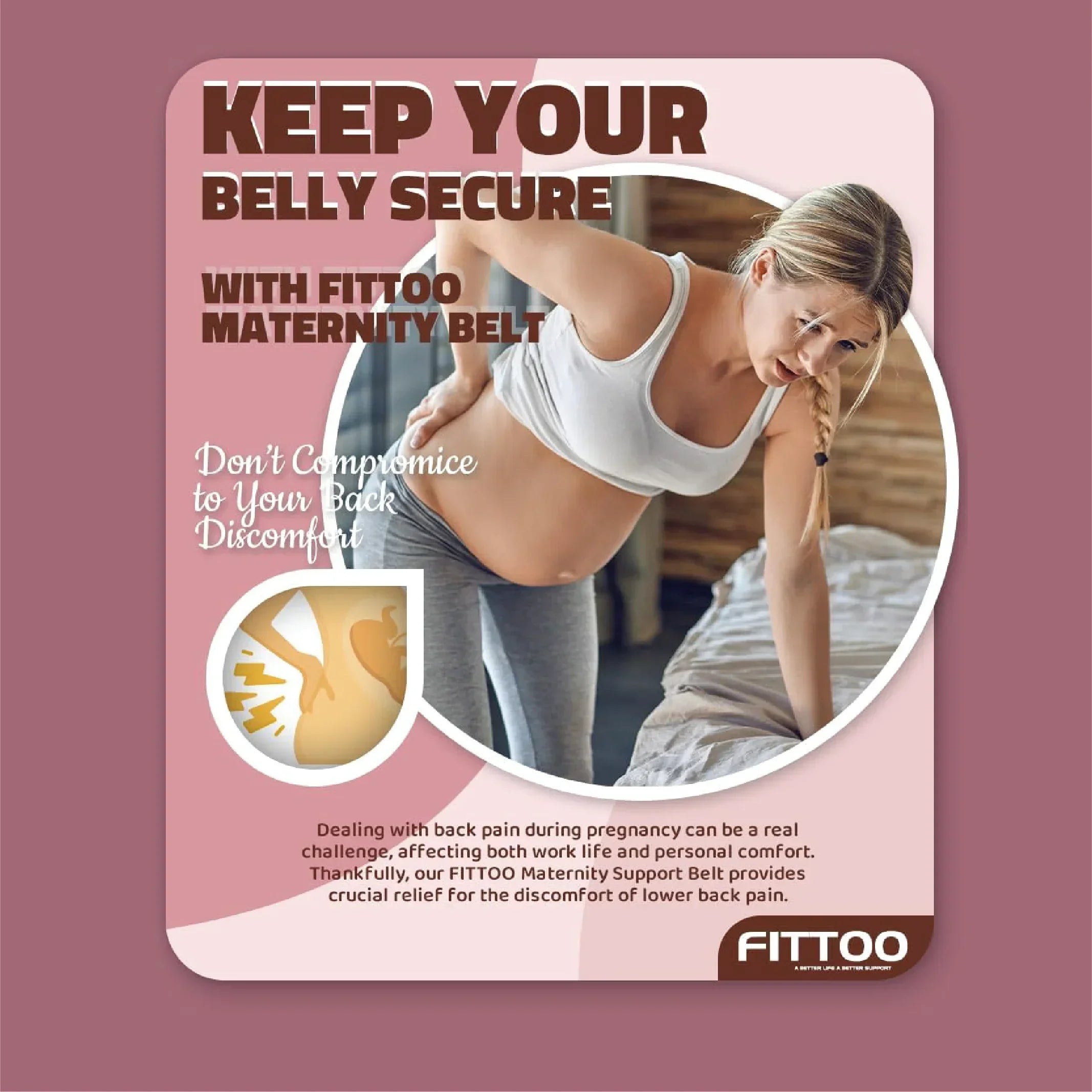 Pregnant woman in sportswear holding her back, promoting Fitt00 maternity belt for back pain relief