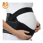 Pregnant woman wearing a black maternity support belt over a white shirt