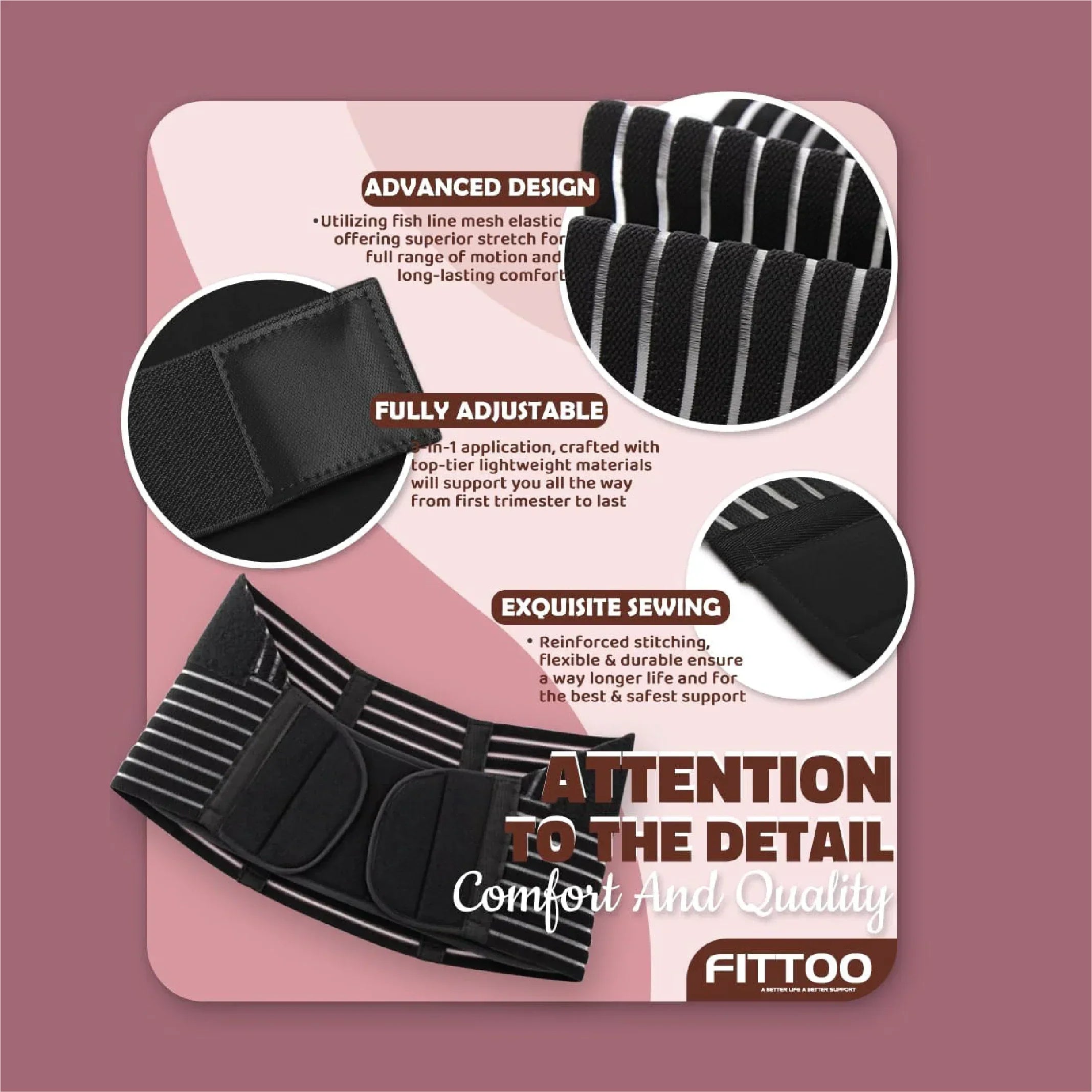 Black striped maternity belt with adjustable velcro, flexible sewing, and mesh elastic design for comfort