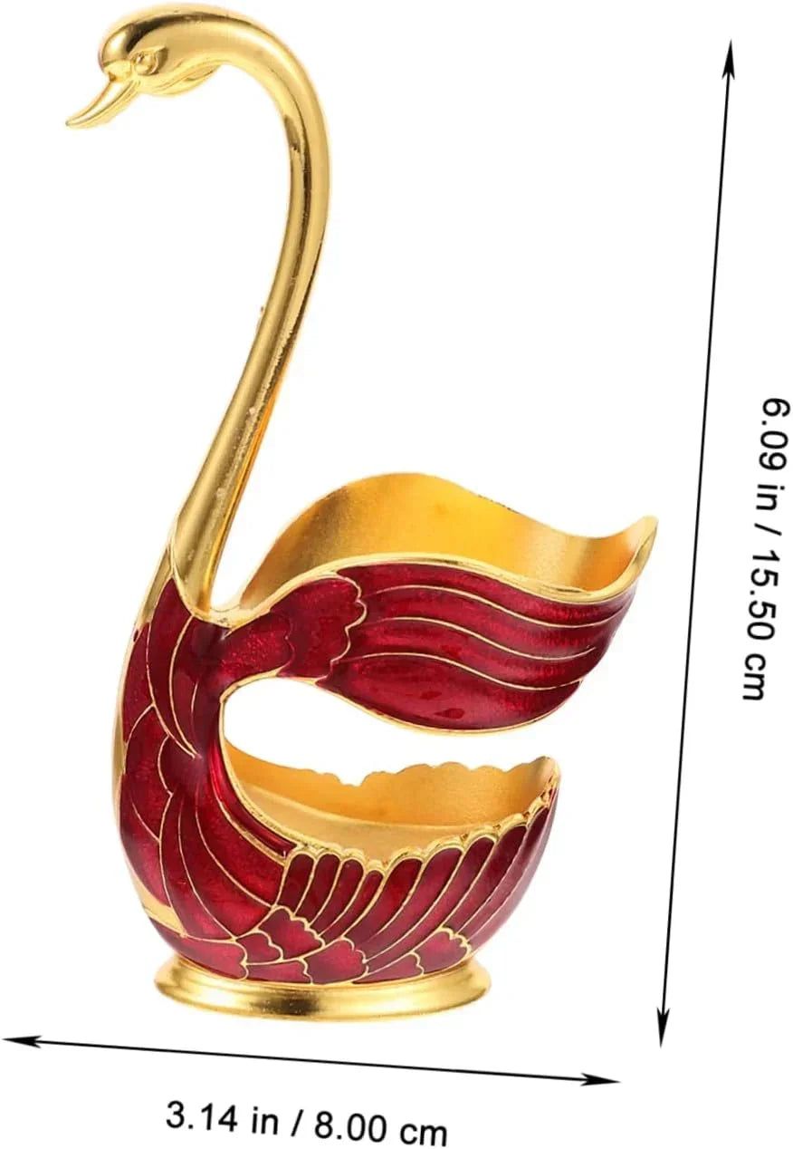 red and gold swan-shaped decorative metal bowl measuring 6.09 x 3.14 inches