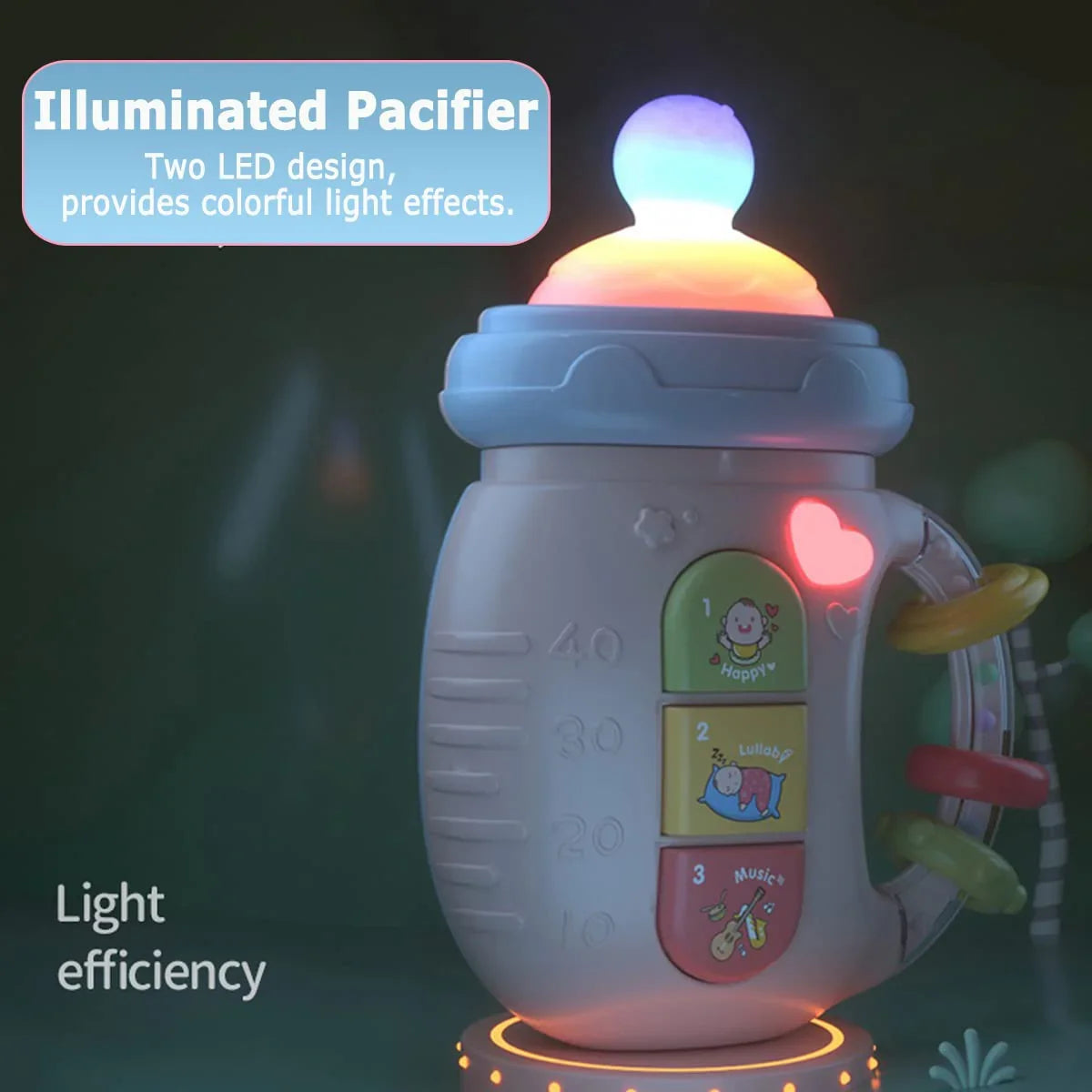Illuminated baby bottle pacifier with colorful LED lights and cartoon music buttons in dark setting