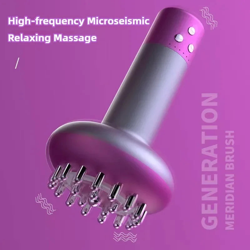 Purple high-frequency microseismic relaxing massage device with metal meridian brush tips on purple background