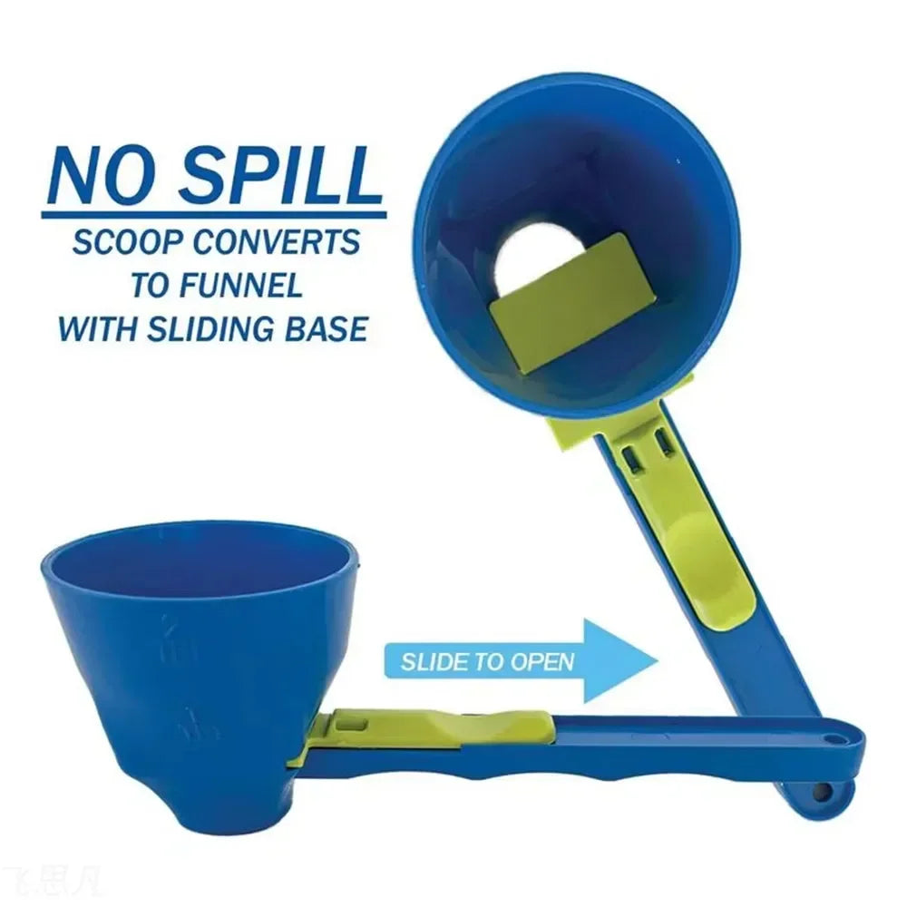 Blue and green no-spill scoop funnel with sliding base and easy open mechanism for spill-free pouring
