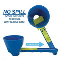 Blue and green no-spill scoop funnel with sliding base and easy open mechanism for spill-free pouring