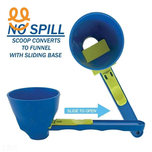 Blue and green no-spill scoop funnel with sliding base and easy open mechanism for spill-free pouring