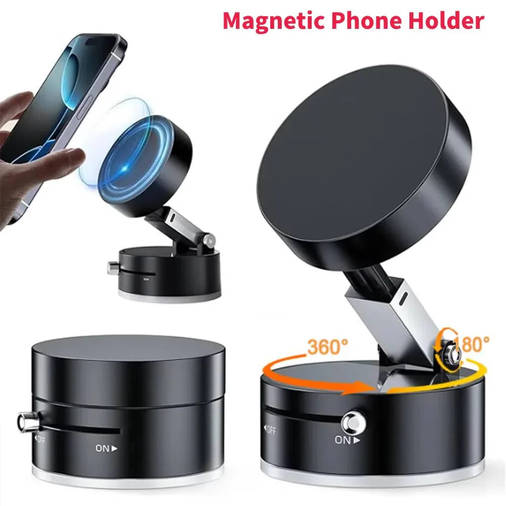 Black magnetic phone holder with 360-degree rotation and 180-degree tilt, shown holding smartphone