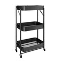 Black 3-tier metal rolling storage cart with mesh shelves and caster wheels