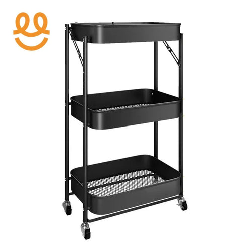 Black 3-tier metal rolling storage cart with mesh shelves and caster wheels