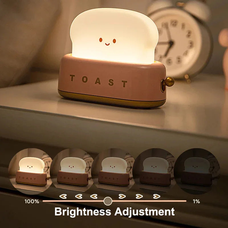 Cute toast-shaped night light with adjustable brightness on bedside table next to clock