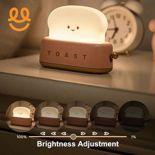 Cute toast-shaped night light with adjustable brightness on bedside table next to clock
