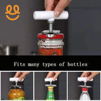 Hand using white jar opener tool to open various bottle and jar lids in kitchen