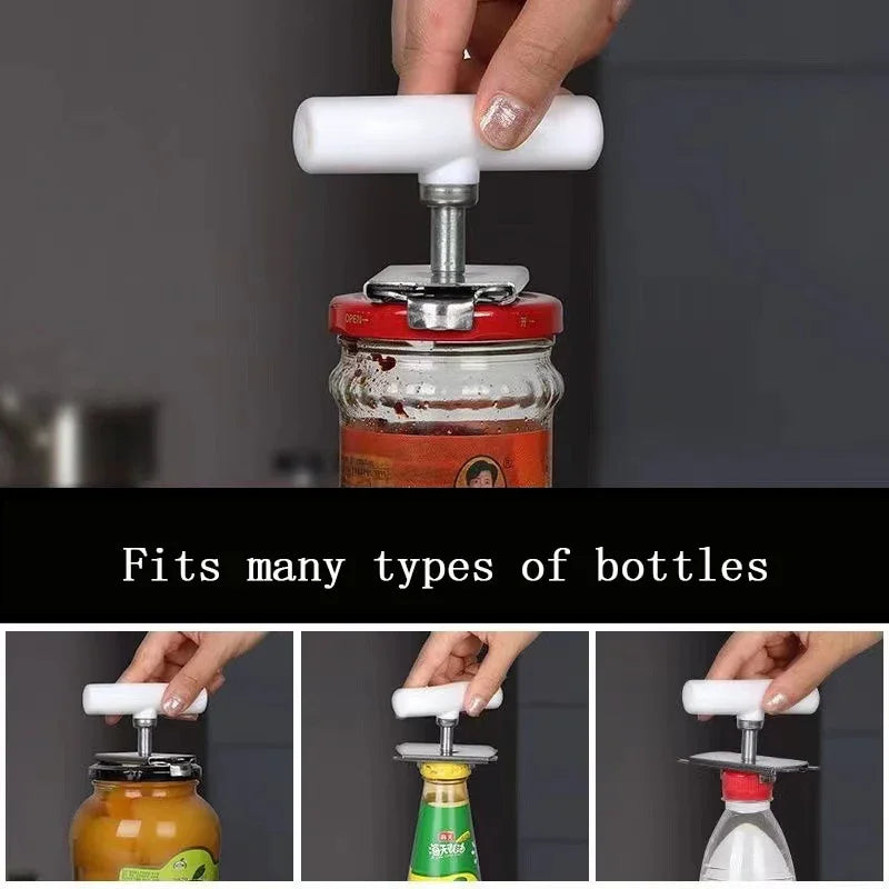 Hand using white jar opener tool to open various bottle and jar lids in kitchen