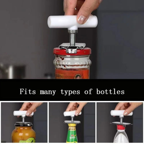 Hand using white jar opener tool to open various bottle and jar lids in kitchen
