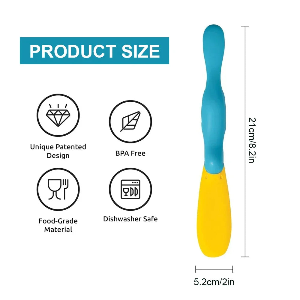 Baby spoon with blue handle and yellow silicone tip, 21cm long, BPA free and dishwasher safe