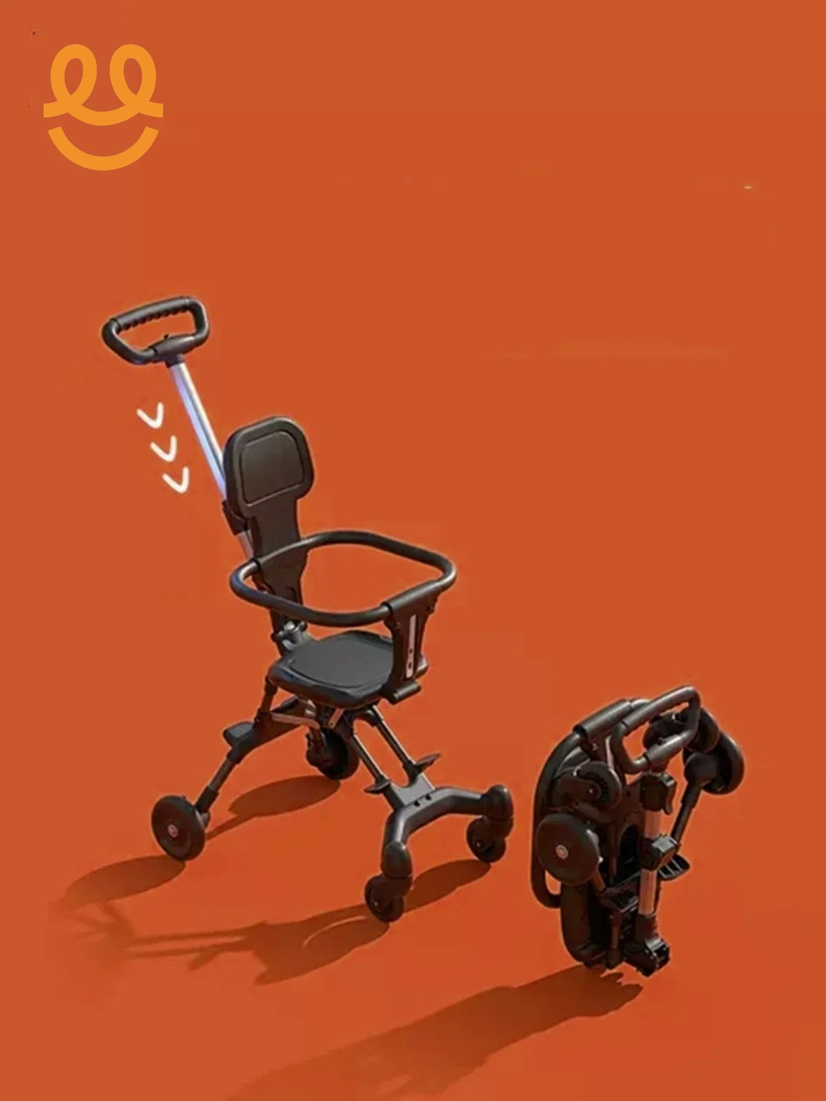 Black compact foldable stroller with safety bar and adjustable handle on orange background
