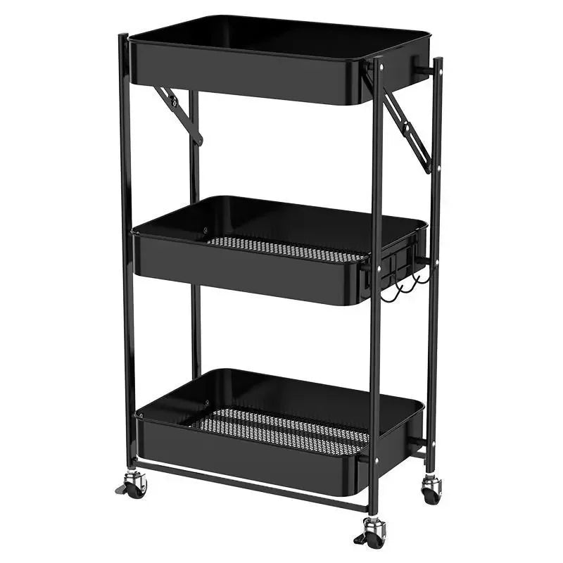 Black metal utility cart with three mesh shelves and caster wheels for mobile storage