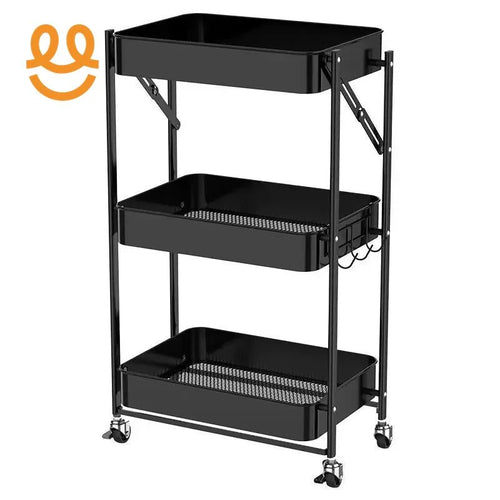 Black metal utility cart with three mesh shelves and caster wheels for mobile storage