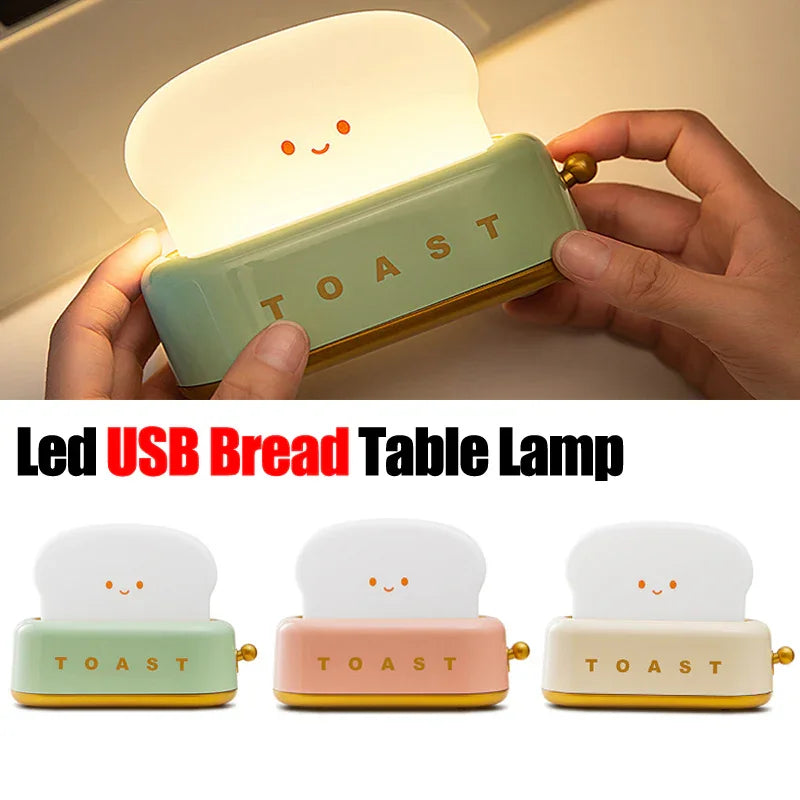 LED USB table lamp shaped like smiling toast bread in green, pink, and white colors
