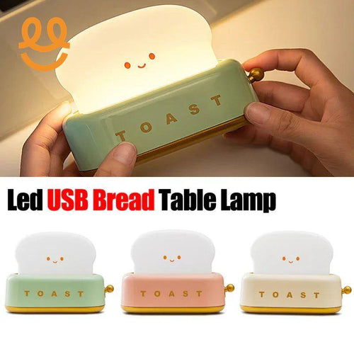 LED USB table lamp shaped like smiling toast bread in green, pink, and white colors