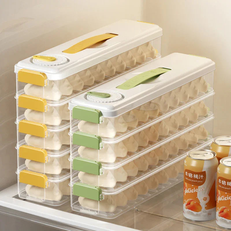 Stackable transparent egg storage containers with yellow and green lids in refrigerator shelf