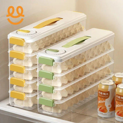 Stackable transparent egg storage containers with yellow and green lids in refrigerator shelf