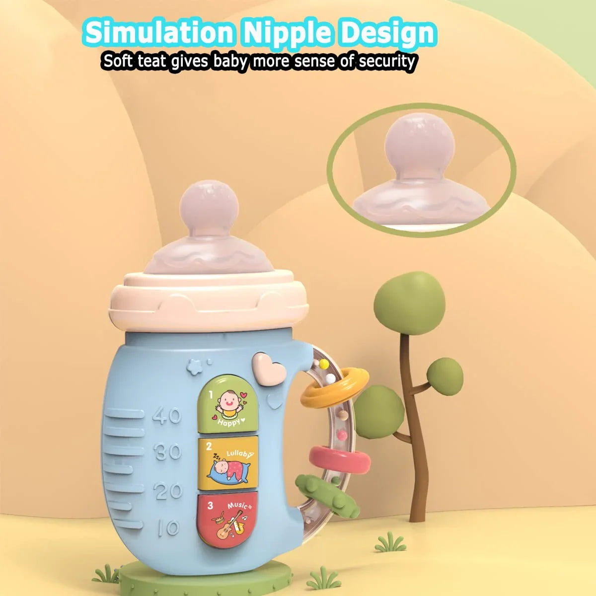 Blue baby bottle with simulation nipple design and playful music and lullaby buttons, soft teat for security
