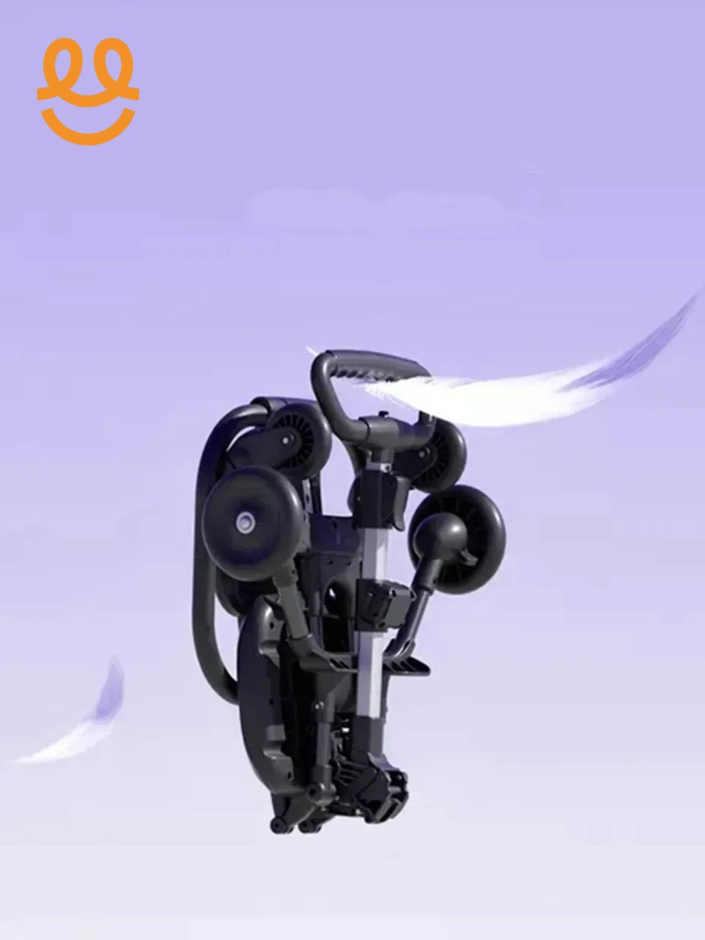 Black foldable stroller against purple background with white feathers floating