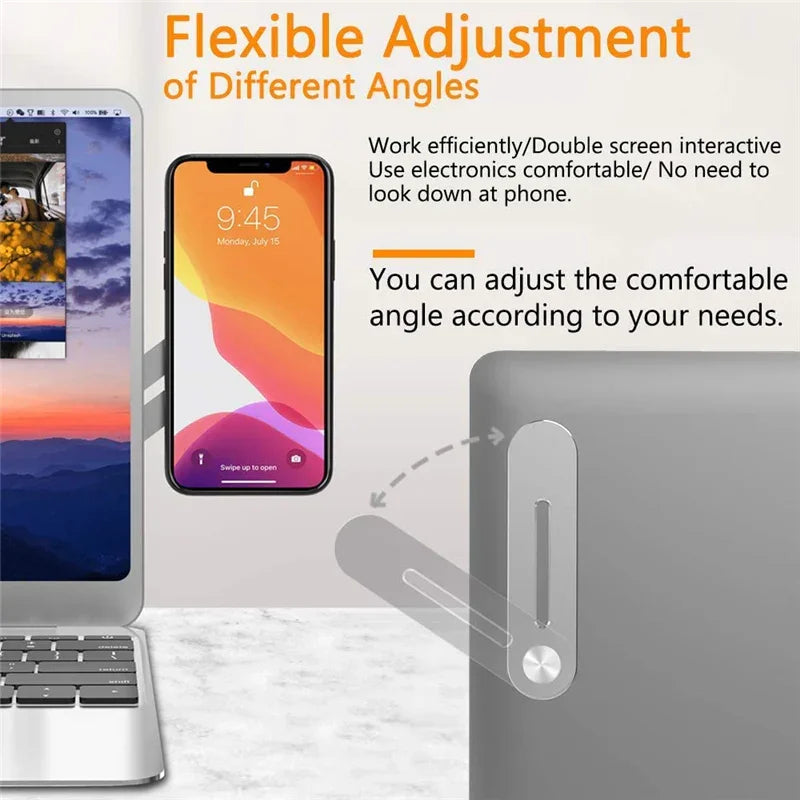 Adjustable laptop and smartphone stand showing flexible angle adjustment for ergonomic double screen use