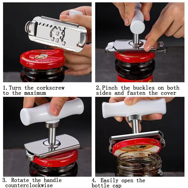 Step-by-step use of a metal jar opener removing a red lid from a glass jar
