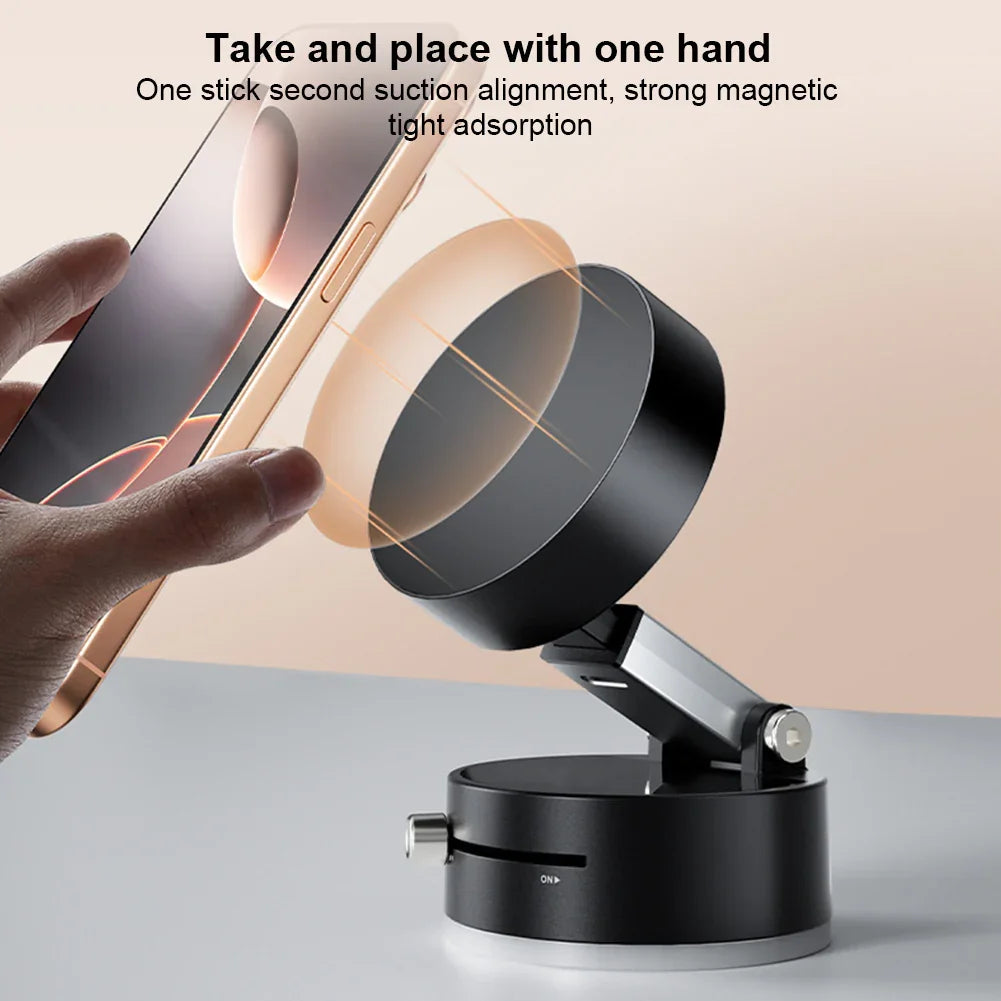 Magnetic black phone holder with adjustable arm securing a smartphone by one hand