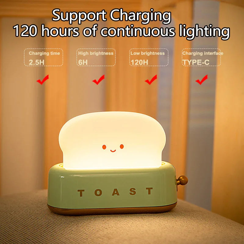 Cute toast-shaped night light with smiling face on green base, supports 120 hours continuous lighting, USB Type-C charging