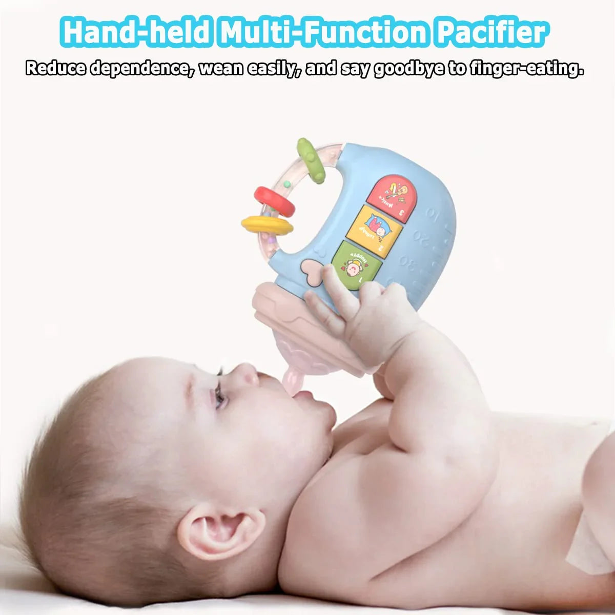 Baby lying down using a blue hand-held multi-function pacifier with colorful buttons and rings