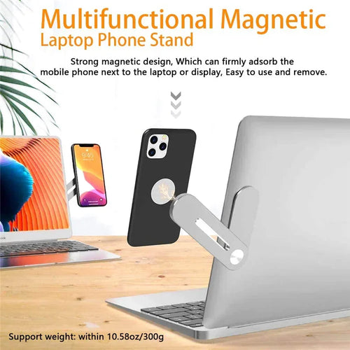 Multifunctional magnetic laptop phone stand attaching smartphone to laptop side with strong magnetic design