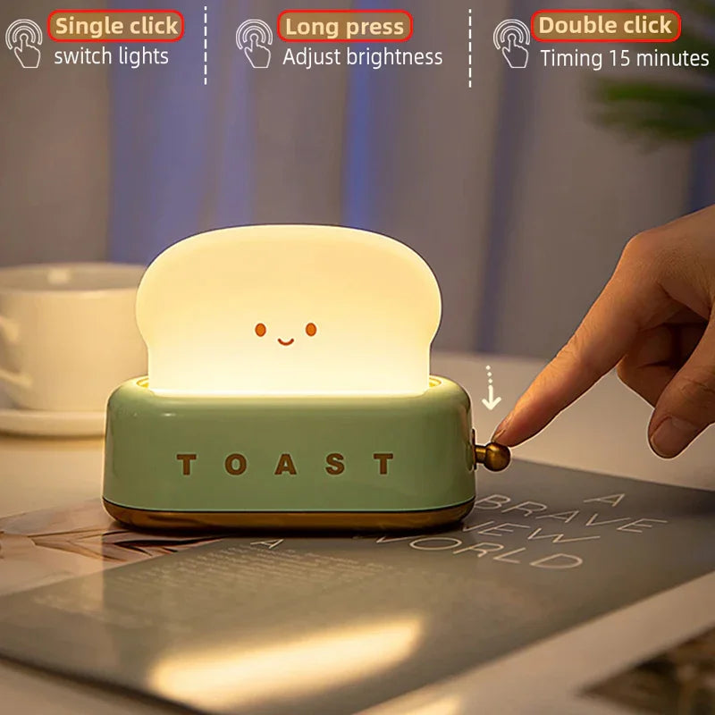 Cute toast-shaped night light with touch controls for switching, brightness, and timing