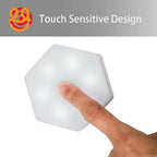 Finger touching a white hexagonal touch-sensitive LED light with six glowing spots