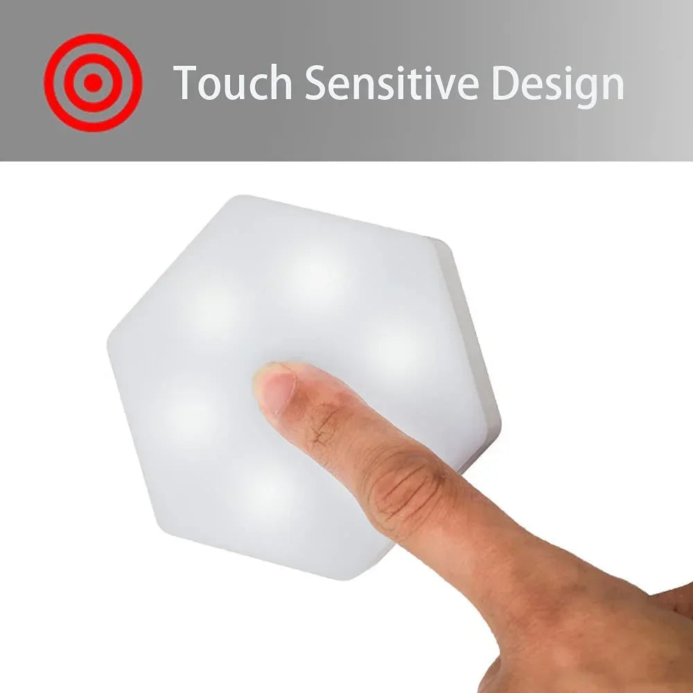 Finger touching a white hexagonal touch-sensitive LED light with six glowing spots