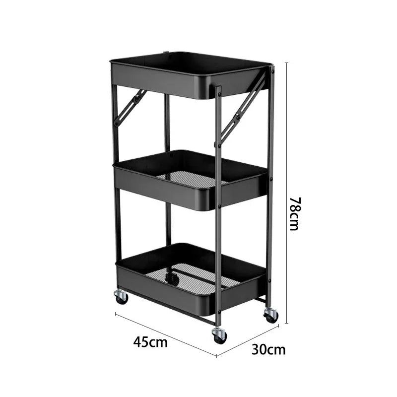 Black metal 3-tier rolling storage cart with mesh shelves, 78cm height, 45cm width, 30cm depth