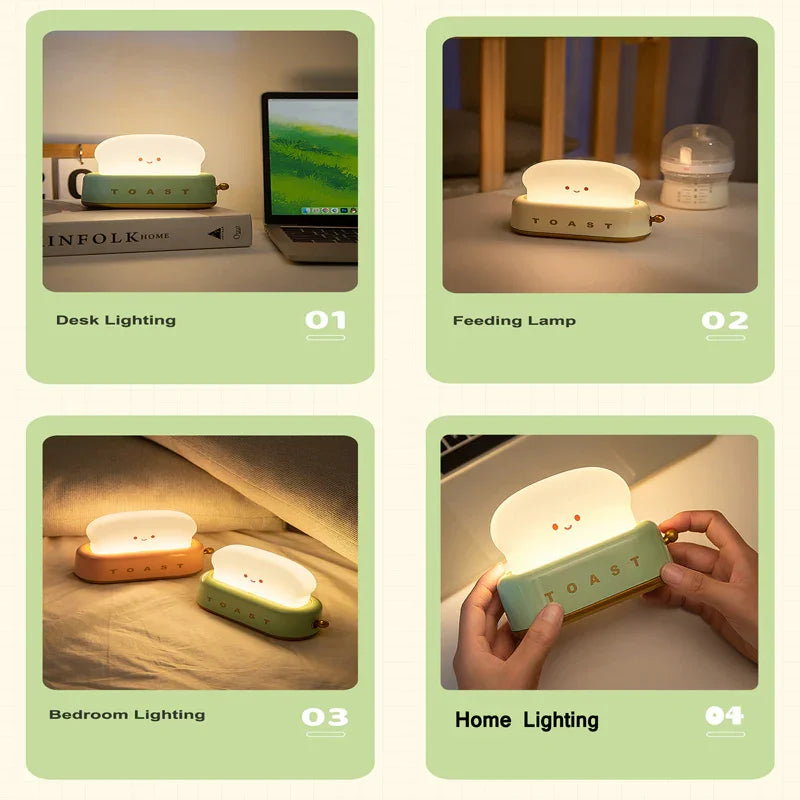 Cute toast-shaped night lamps in pastel colors providing desk, feeding, bedroom, and home lighting